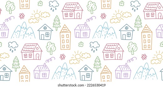 Seamless pattern with children drawings. Kids doodle houses, mountains and trees. Hand drawn childish pattern with fairy town. Cute baby texture. Vector illustration on white background.