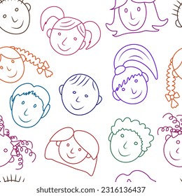 Seamless pattern of children faces in hand drawn style, kid's drawing. Contour of boys and girls. Vector illustration