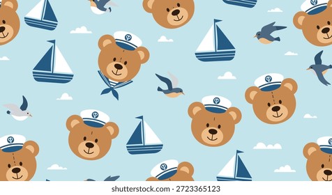 Nahtloses Muster für Kinder mit niedlichen Seemannsbären, Segelbooten, Möwen und weißen Wolken auf hellblauem Hintergrund.