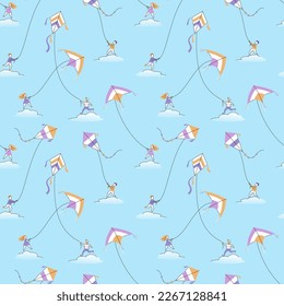 Seamless pattern with children flying kites on the clouds. Vector color illustration in flat line art style on the blue background.