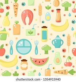Seamless pattern with children food objects. Flat style vector illustration. Suitable for wallpaper, wrapping or textile