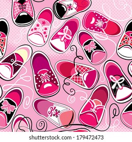 Seamless pattern - children gumshoes on pink background - design for girls