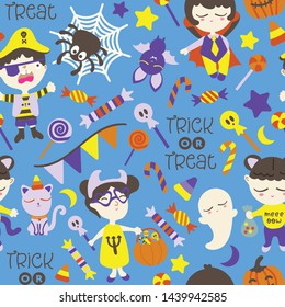 Seamless pattern with children in halloween costume. Cute boys and girls with party decoration, spider, bat, cat, ghost, flag/ bunting and lettering of "treat or treat".