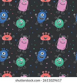Seamless pattern for children with hand drawn colorful monsters. Doodle aliens. Vector