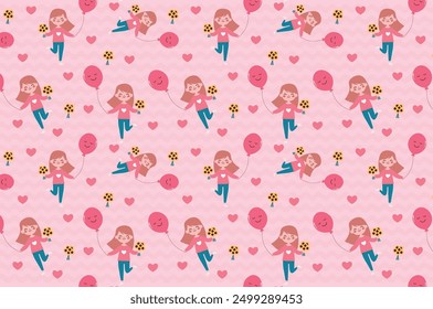 seamless pattern with children, Happy girl holding sunflowers flowers and a balloon