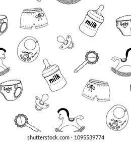 Seamless pattern with children objects. Children's drawing. Children's clothes and toys. Vector illustration.