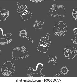 Seamless pattern with children objects. Children's drawing. Children's clothes and toys. Vector illustration.
