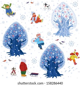 Seamless pattern with children outdoors in winter time