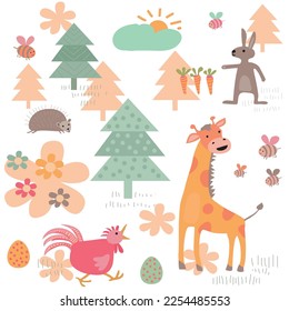 Seamless pattern for children playmat, with sweet colored animals, giraffe, rooster,hedgehog, rabbit, bee