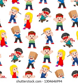 Seamless pattern with children posing like the super heroes