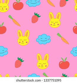 seamless pattern for children with rabbit, strawberry, cloudlet and flowers. Bright pattern on a pink background. Perfect for textiles and packaging.