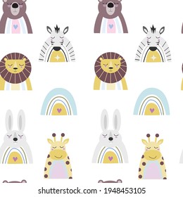 seamless pattern for children of rainbows and cute animals on a white background