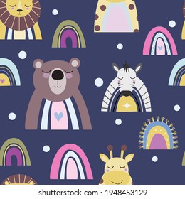patrón ininterrumpido para los niños de arcos de lluvia y animales lindos con un fondo azul