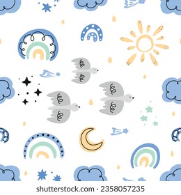 seamless pattern for children with rainbows, starry sky, set of weather icons, abstract pattern with doodle elements, set of hand drawn doodles, clouds, rainbow, bird, sun, moon, rain, stars, set for 