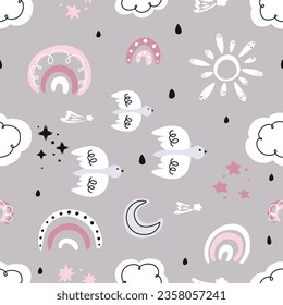 seamless pattern for children with rainbows, starry sky, set of weather icons, abstract pattern with doodle elements, set of hand drawn doodles, clouds, rainbow, bird, sun, moon, rain, stars, set for 