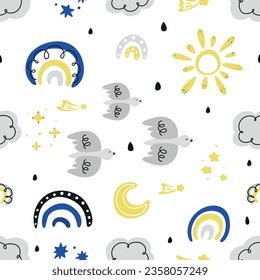 seamless pattern for children with rainbows, starry sky, set of weather icons, abstract pattern with doodle elements, set of hand drawn doodles, clouds, rainbow, bird, sun, moon, rain, stars, set for 