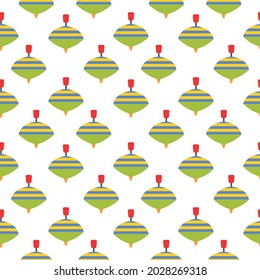 Seamless pattern with children s toy whirligig on a white background. Striped green spinning top toy. Vector illustration in minimalistic flat style, hand drawing. Suitable for textiles, print design