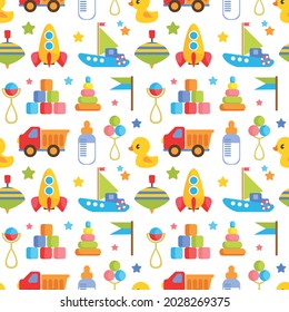 Seamless pattern with children s toys on a white background. Truck, car, cubes, boat, duck. Children s pattern in the style of minimalism. Vector flat illustration for print design, textiles.