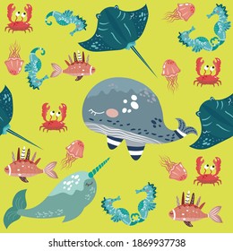 
Seamless pattern for children with sea animals.Vector illustration.