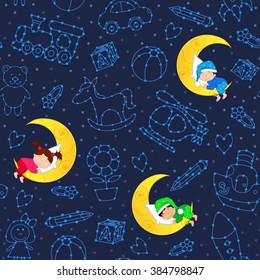 seamless pattern with children sleeping on moon among stars - vector illustration, eps
