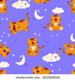 Seamless pattern for children. A sleepy tiger cub wants to sleep. A dreamy animal against the background of clouds, stars and the moon. Print for textiles, baby decor. Vector graphics.