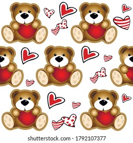 seamless pattern for children teddy bear with hearts white background