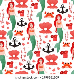 Patrón sin foco para niños textil o papel de envoltura al estilo marino con princesa de sirena colorida, cangrejo