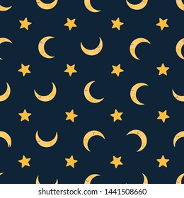 seamless pattern children theme cute character moon stars night on dark background. Vector illustration for kid. Pattern suitable for posters, postcards, fabric or wrapping paper.