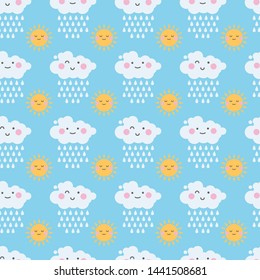 seamless pattern children theme cute character cloud rain sunon blue background. Vector illustration for kid. Pattern suitable for posters, postcards, fabric or wrapping paper.