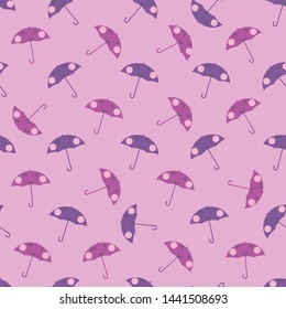 seamless pattern children theme cute character umbrella purple on pink background. Vector illustration for kid. Pattern suitable for posters, postcards, fabric or wrapping paper.