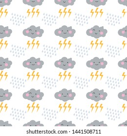 seamless pattern children theme cute character thunder flash rain on light background. Vector illustration for kid. Pattern suitable for posters, postcards, fabric or wrapping paper.