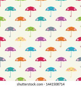 seamless pattern children theme cute character umbrella colorful on light background. Vector illustration for kid. Pattern suitable for posters, postcards, fabric or wrapping paper.