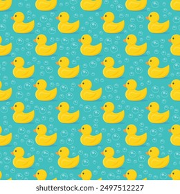 seamless pattern of children, toy ducks and bubbles on a blue background