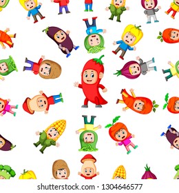 Seamless pattern with children using the healthy vegetables costume