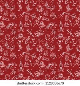 seamless pattern children vector contour drawings on the theme of space, planets, astronauts, the aliens, the technique of rockets, DNA, space exploration technical means background isolated