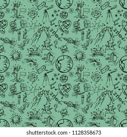 seamless pattern children vector contour drawings on the theme of space, planets, astronauts, the aliens, the technique of rockets, DNA, space exploration technical means background isolated