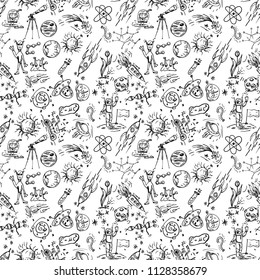 seamless pattern children vector contour drawings on the theme of space, planets, astronauts, the aliens, the technique of rockets, DNA, space exploration technical means background isolated