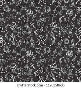 seamless pattern children vector contour drawings on the theme of space, planets, astronauts, the aliens, the technique of rockets, DNA, space exploration technical means background isolated