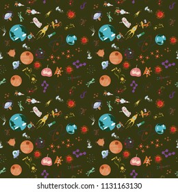 seamless pattern children vector drawings in the style of flat on the space theme, planets, cosmonauts, aliens, rockets, DNA, space exploration technical means