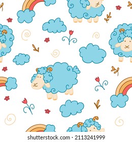 Seamless pattern for children vector illustrations of sheep, clouds, rainbows