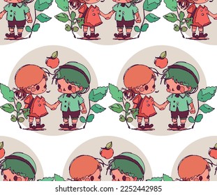 Seamless pattern with children and vegetables. Cute cartoon kids.