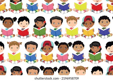 Patrón sin foco con niños que leen libros. Imprimir para textil, papel pintado, cubiertas, superficie. Para tela de moda. Impresión de bebé