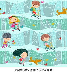 The seamless pattern with children, who ride bicycles and scooters