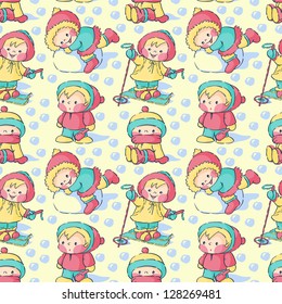 Seamless pattern - children in the winter on walk