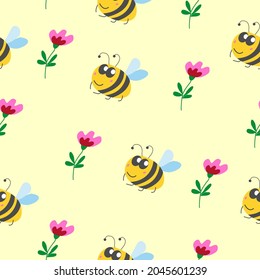 Seamless pattern children. Yellow bumblebee, pink and red flower with green leaves. Yellow background. Cartoon style. Cute and funny. Summer or spring. Textile, wrapping paper, scrapbokking, wallpaper
