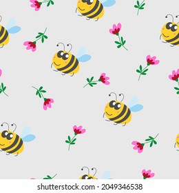 Seamless pattern children. Yellow bumblebee, pink and red flower with green leaves. Grey background. Cartoon style. Cute and funny. Summer or spring. Textile, wrapping paper, scrapbokking, wallpaper