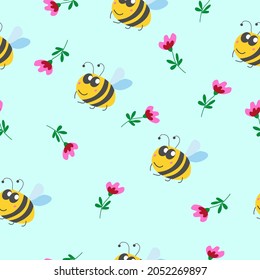 Seamless pattern children. Yellow bumblebee, pink and red flower with green leaves. Blue background. Cartoon style. Cute and funny. Summer or spring. Textile, wrapping paper, scrapbokking, wallpaper