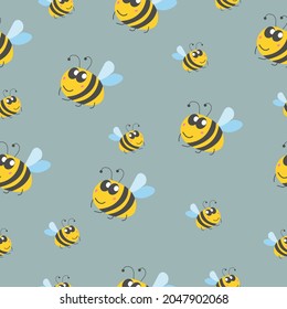 Seamless pattern children. Yellow bumblebees and bees. Grey background. Cartoon style. Cute and funny. Summer or spring. Textile, wrapping paper, scrapbooking, wallpaper, bedroom, packaging design