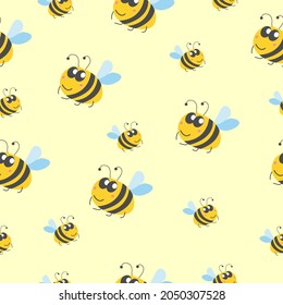 Seamless pattern children. Yellow bumblebees and bees. Yellow background. Cartoon style. Cute and funny. Summer or spring. Textile, wrapping paper, scrapbooking, wallpaper, bedroom, packaging design