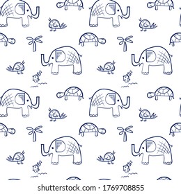 nahtloses Muster mit Tierzeichnungen von Kindern. Doodle Elefant, Vogel, Schildkröte und Palme auf weißem Hintergrund.